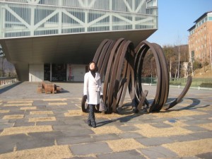 Outside SNU's new art museum, which was under construction when she left.