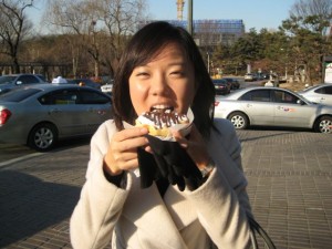 Waffles with chocolate sauce and whipped cream.  Tasty and only 700 원 (60 cents)!