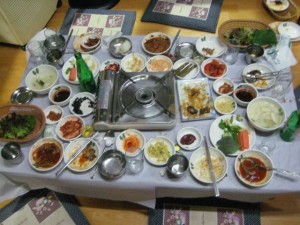 Dinner layout! Wrap the eel in the vegetables, add your choice of condiments, and eat!